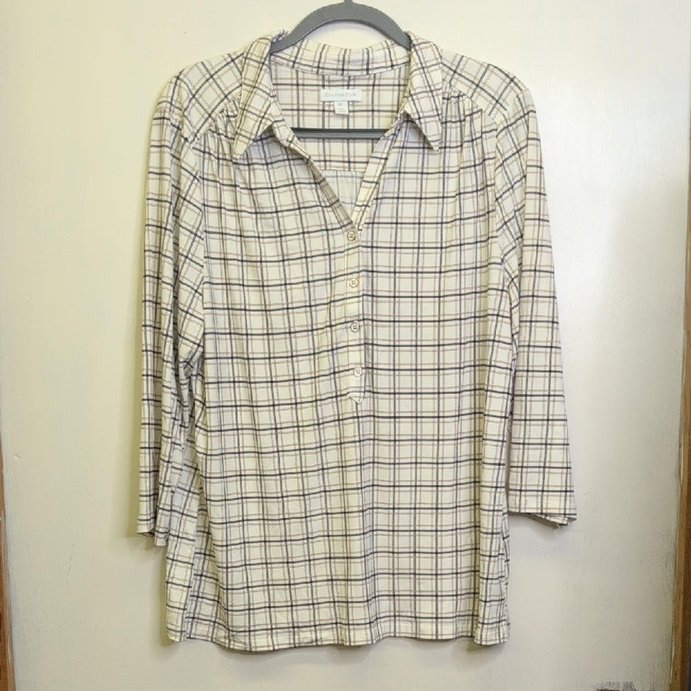 Charter Club Beige Plaid Button-Down Shirt